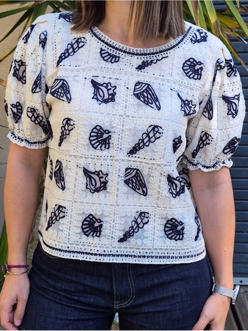 White Eyelet Puff Sleeve Blouse with Navy Shell Embroidery